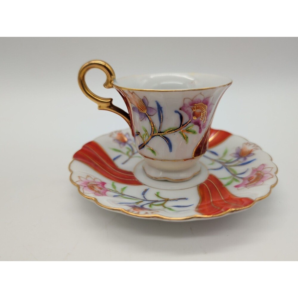 Vtg MERIT  Demitasse JAPAN footed Teacup & saucer Purple Orange Flowers